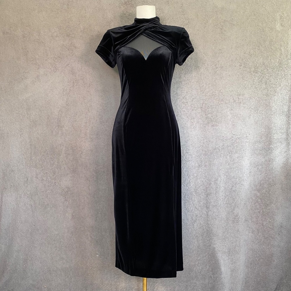 Vintage 90s Night Way Black Velvet Maxi Dress 8 Mesh Gothic Whimsigoth Made USA